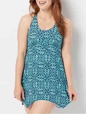 Denim & Co. Beach Handkerchief Hem Scoop-Neck Swim Dress
